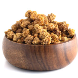 Dried mulberries on a white background